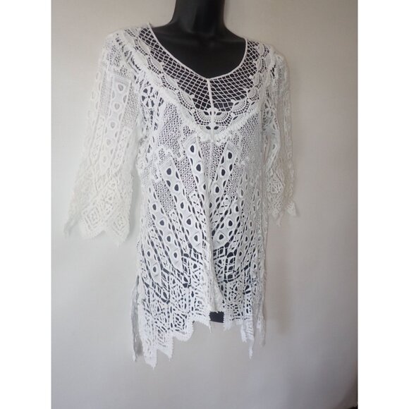 Mind Set By XCVI Womens White Lace Crochet Tunic Cover Up Top S Beach Hi Low - Picture 2 of 8